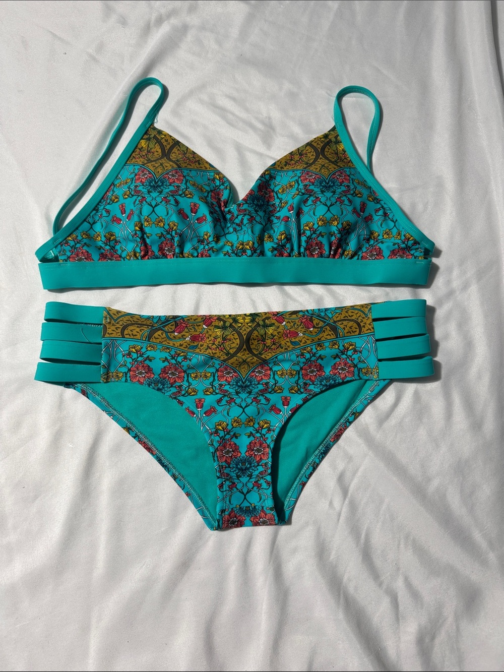 Eidon Turquoise Floral Bikini Set DD Cup Top & Medium Bottoms